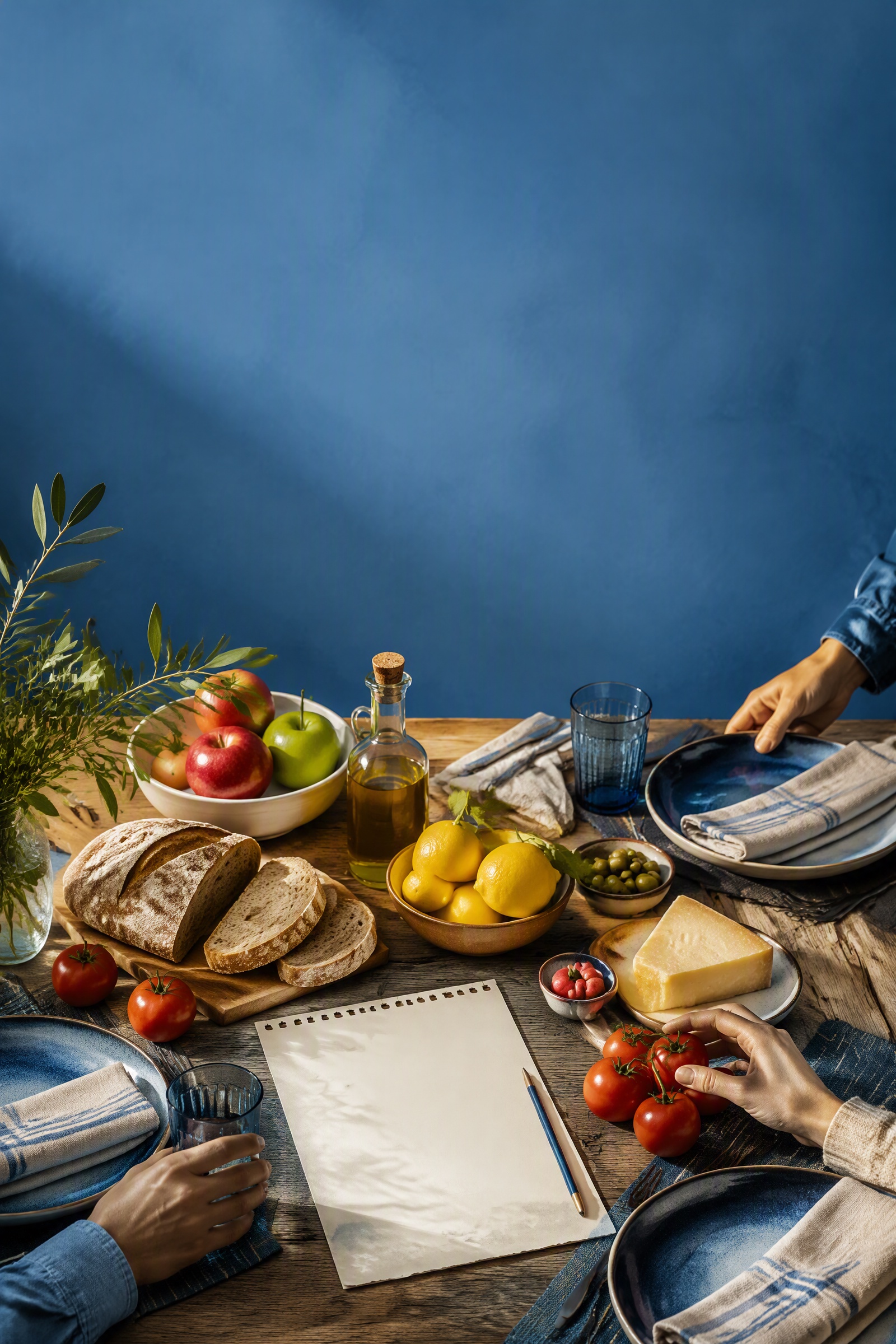 Shopping list, bread, cheese, tomatoes, apples and lemons arranged as an elegant book-cover illustration